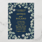 Invitation En Aluminium Eucalyptus moderne Bleu & Vrai Mariage Or (Recto)