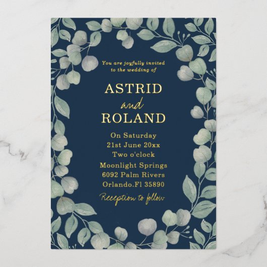 Invitation En Aluminium Eucalyptus moderne Bleu & Vrai Mariage Or (Recto)