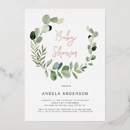 Invitation En Aluminium Eucalyptus Moderne Simplicité Baby shower Rose Foi (Recto)