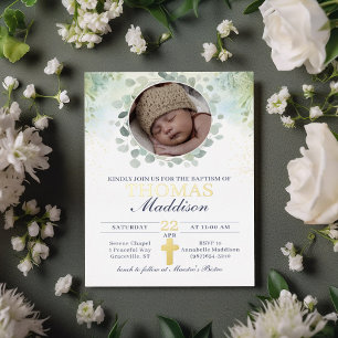 Invitation En Aluminium Eucalyptus Photo Croix Aquarelle Baptême