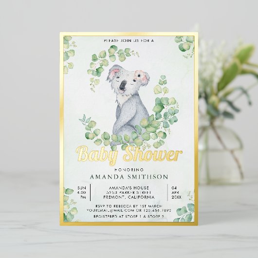Invitation En Aluminium Eucalyptus Russe Cute Koala Oear Baby shower Or (Debout devant)