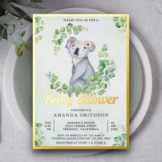 Invitation En Aluminium Eucalyptus Russe Cute Koala Oear Baby shower Or