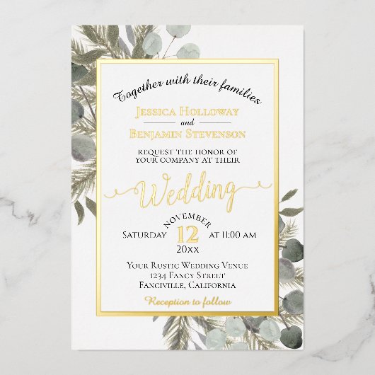 Invitation En Aluminium Eucalyptus rustique & Pine Élégant Mariage d'argen (Recto)