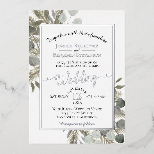 Invitation En Aluminium Eucalyptus rustique & Pine Élégant Mariage d'argen (Recto)