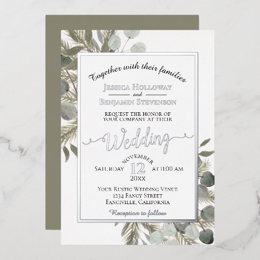 Invitation En Aluminium Eucalyptus rustique & Pine Élégant Mariage d'argen (Recto/Verso)