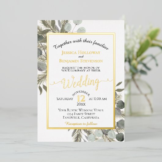 Invitation En Aluminium Eucalyptus rustique & Pine Élégant Mariage d'argen (Debout devant)