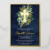 Invitation En Aluminium Eucalyptus rustique Verdure Baptême Marine Bleu Or (Recto)