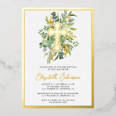 Invitation En Aluminium Eucalyptus Rustique Verdure Baptême Or (Recto)