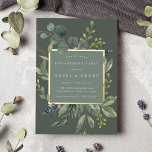 Invitation En Aluminium Eucalyptus & Sage<br><div class="desc">Notre invitation de fiançailles Eucalyptus & Sage encadre les détails de votre fête avec une bordure carré élégante d'eucalyptus à l'aquarelle luxuriante et de feuilles verts sauge,  avec de vrais garnitures en feuille d'or sur un ton sur ton vert mousse arrière - plan.</div>