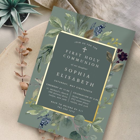 Invitation En Aluminium Eucalyptus & Sage Première Communion Sainte