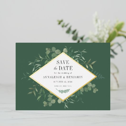 Invitation En Aluminium Eucalyptus Verdure Botanique Enregistrer la date O (Debout devant)