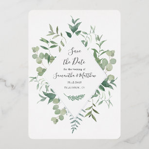 Invitation En Aluminium Eucalyptus Verdure Enregistrer la Date Argent