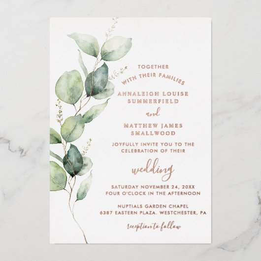 Invitation En Aluminium Eucalyptus Verdure Feuillage Mariage Rose Or (Recto)