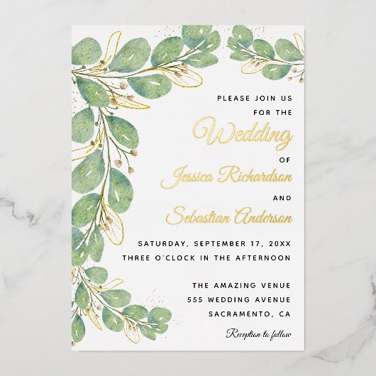 Invitation En Aluminium Eucalyptus Verdure Or Blanc Elégant Mariage (Recto)