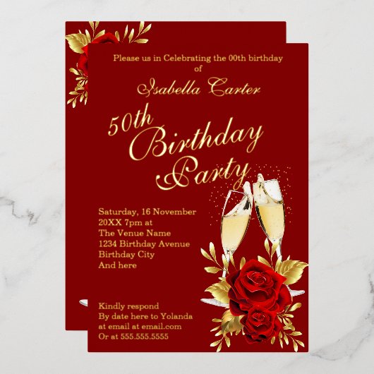 Invitation En Aluminium Exotic Red Rose or Floral fête d'anniversaire (Recto/Verso)
