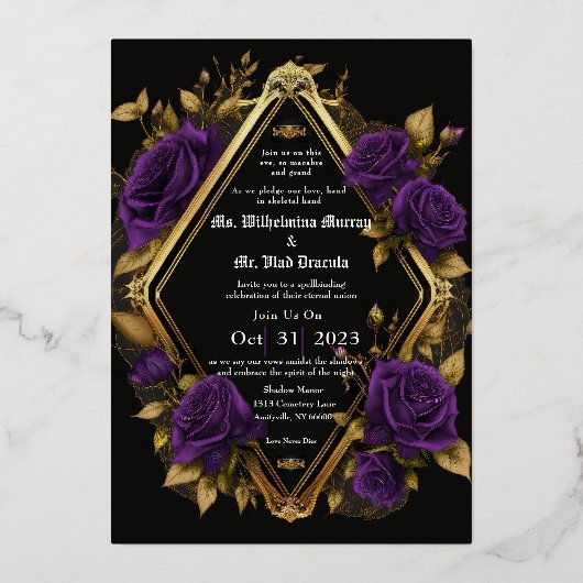 Invitation En Aluminium Exquise Moody Purple & Gold Mariage gothique (Recto)