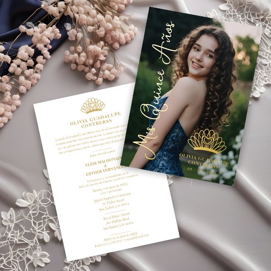 Invitation En Aluminium Exquisite Crown Quinceañera Photo Fancy Script