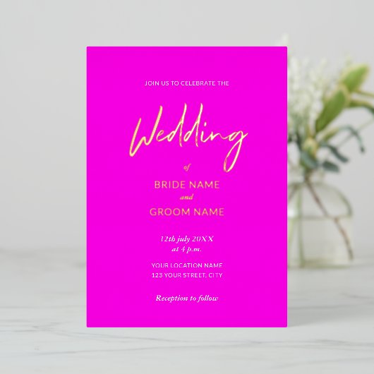 Invitation En Aluminium Eyecatching Pink Orange Script Mariage Moderne (Debout devant)