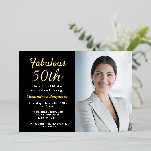 Invitation En Aluminium Fabuleux 50e anniversaire Photo Black Gold (Debout devant)