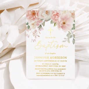 Invitation En Aluminium Faire baptême de fille rose pâle floral or élégant