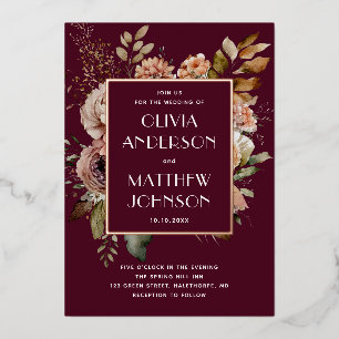 Invitation En Aluminium Faire Mariage Floral Vin Foncé Or Romantique d'A
