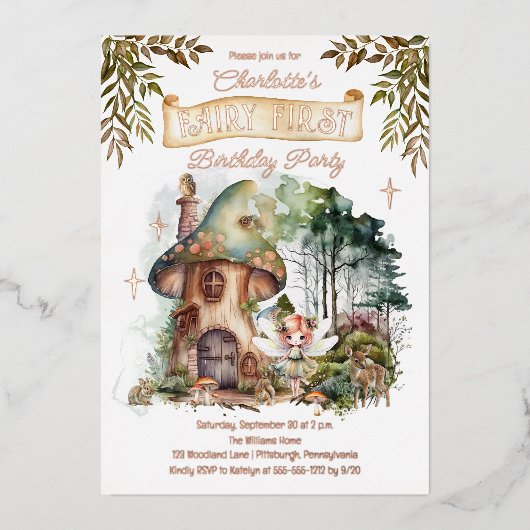 Invitation En Aluminium Fairy First Woodland Animaux Champignons 1er anniv (Recto)