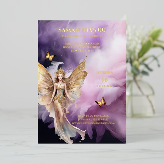 Invitation En Aluminium Fairy princesse violet or mythique conte de fées (Debout devant)