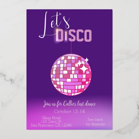Invitation En Aluminium Faisons du disco néon pour l'enterrement de vie de (Recto)