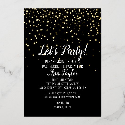 Invitation En Aluminium Faisons la fête Confetti sur Black Bachelorette Go (Recto)