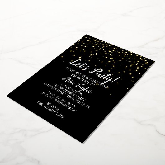 Invitation En Aluminium Faisons la fête Confetti sur Black Birthday Party  (Rotation)