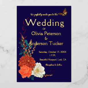 Invitation En Aluminium Fall Wedding Floral Monarch Blue Gold