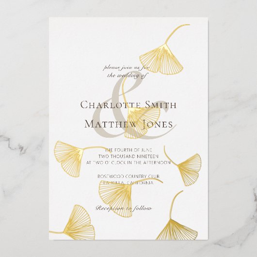 Invitation En Aluminium Falling Gold Ginkgo Feuilles mariage élégant (Recto)