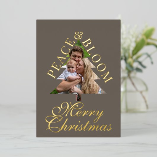 Invitation En Aluminium Family photo pine tree script gray gold real (Debout devant)