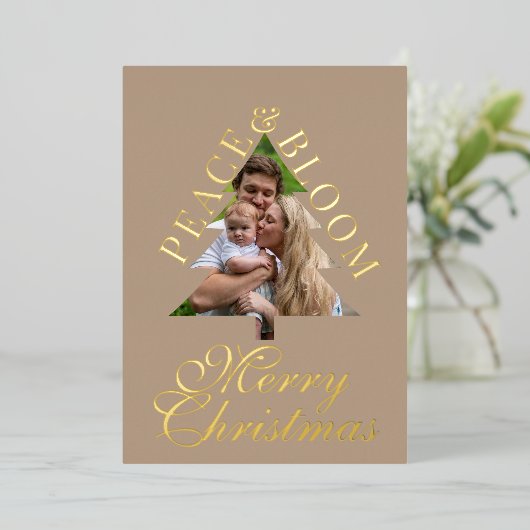 Invitation En Aluminium Family photo pine tree script taupe gold real (Debout devant)