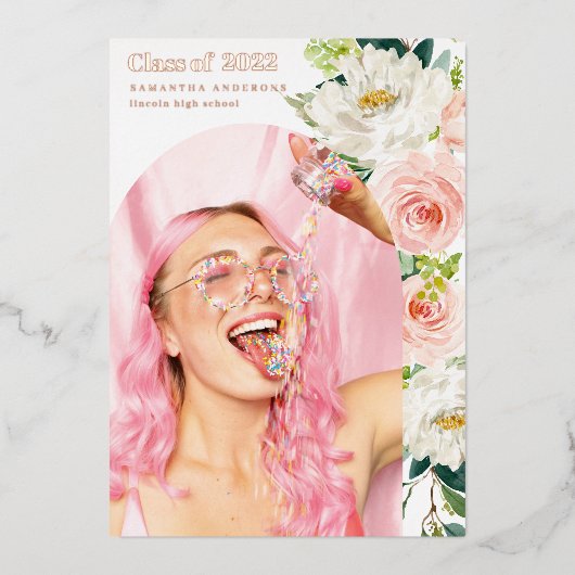 Invitation En Aluminium Fancy Flower Photo Arch Graduate Rose Gold Foil I (Recto)