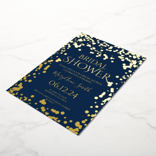 Invitation En Aluminium Faux Gold Foil Confetti Fête des mariées Navy Blue (Rotation)
