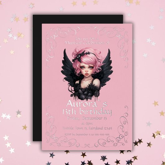 Invitation En Aluminium Fée Goth Pastel Noir Et Rose 13e Anniversaire