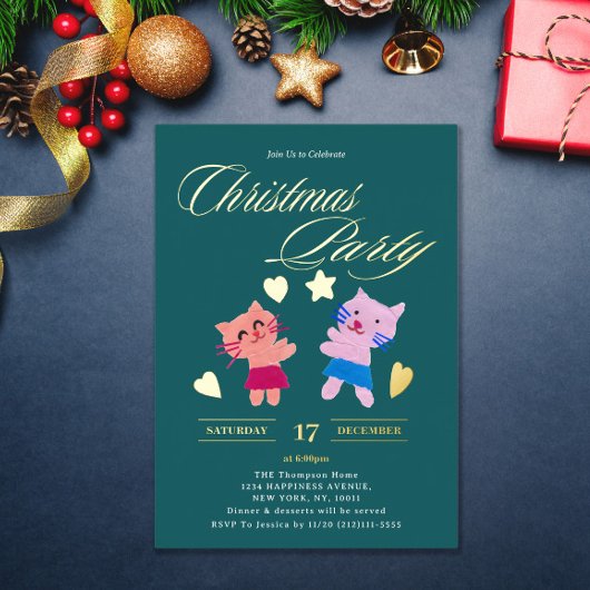 Invitation En Aluminium Festivale calligraphie chats fête de Noël verte