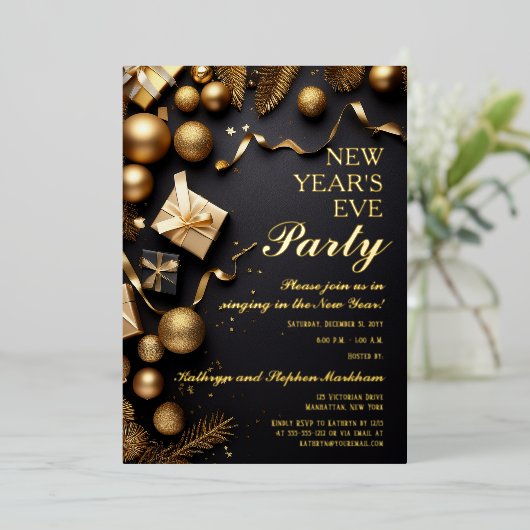 Invitation En Aluminium Festive Baubles Black Gold New Years Eve Party (Debout devant)
