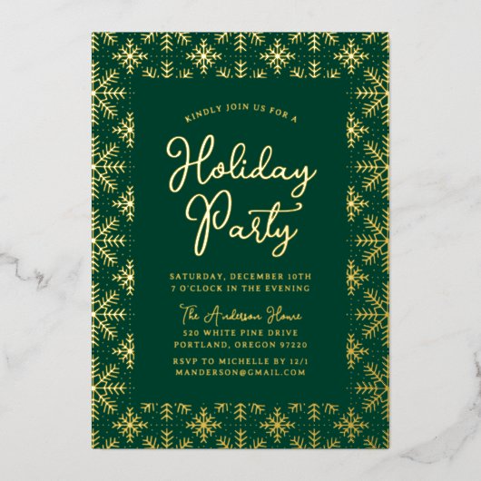 Invitation En Aluminium Festive Green et Gold Snowflakes Fête (Recto)