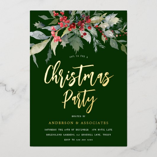 Invitation En Aluminium Festive Green & Gold Fête de Noël (Recto)