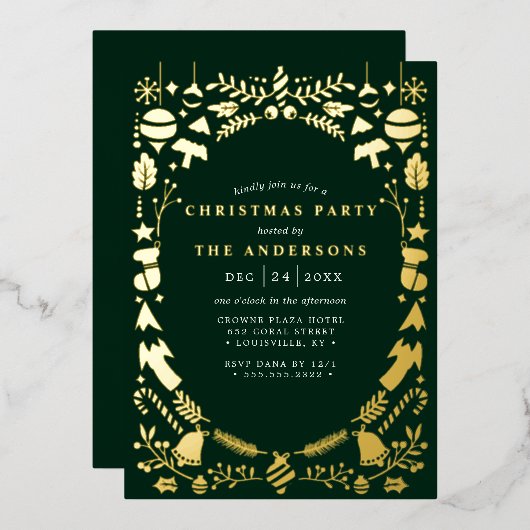 Invitation En Aluminium Festive moderne Gold foncé Green Noël Party (Recto/Verso)