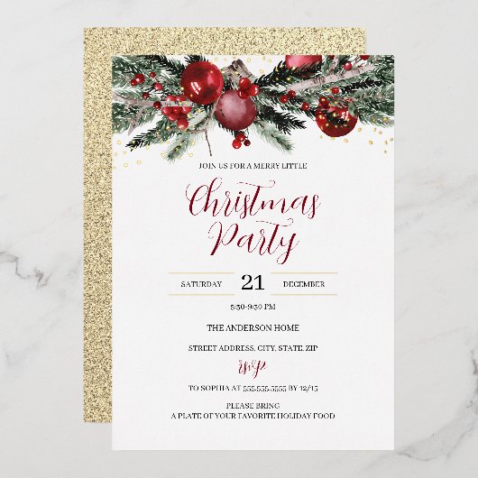 Invitation En Aluminium Festive Noël Foliage Red Gold (Recto/Verso)