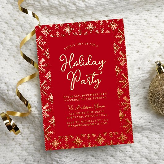 Invitation En Aluminium Festive Red et Gold Snowflakes Fête