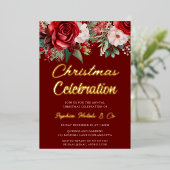 Invitation En Aluminium Festive Red Floral Noël Celebration Gold (Debout devant)