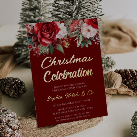 Invitation En Aluminium Festive Red Floral Noël Celebration Gold