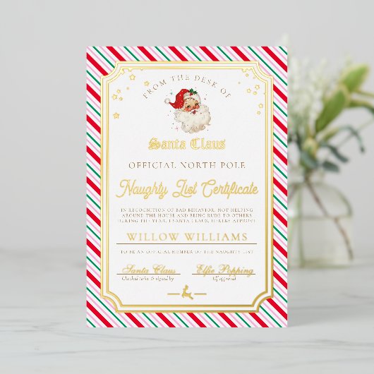 Invitation En Aluminium Festive Stripe Naughty List Certificat Foil Card (Debout devant)