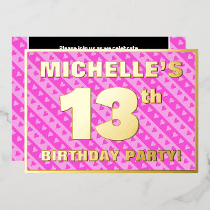 Invitation En Aluminium Fête d'anniversaire 13 ans — Cœurs roses et rayure