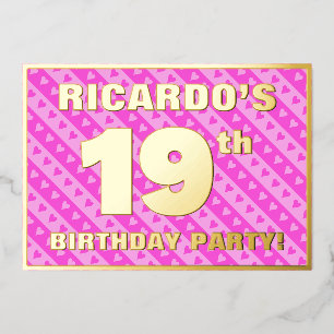 Invitation En Aluminium Fête d'anniversaire 19 ans — Cœurs roses et rayure