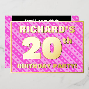 Invitation En Aluminium Fête d'anniversaire 20 ans — Cœurs roses et rayure